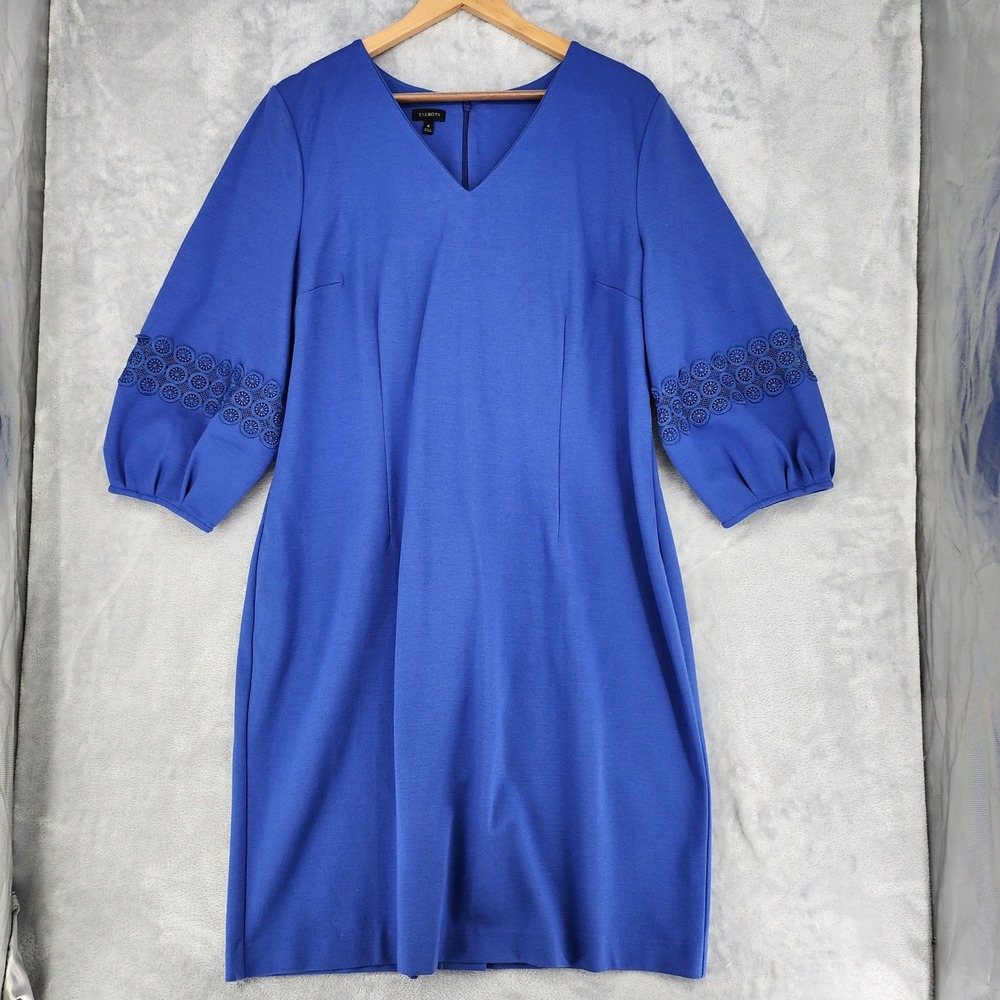 Talbots Dress Womens Size 16 Royal Blue Eyelet Lace Trim Ponte Knit Stretch